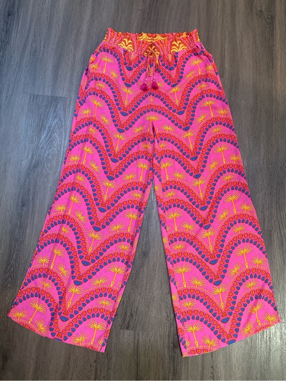 Tropical Palm Print Wide Leg Palazzo Pants Boho Resort Vacation Pink Small - Picture 2 of 11